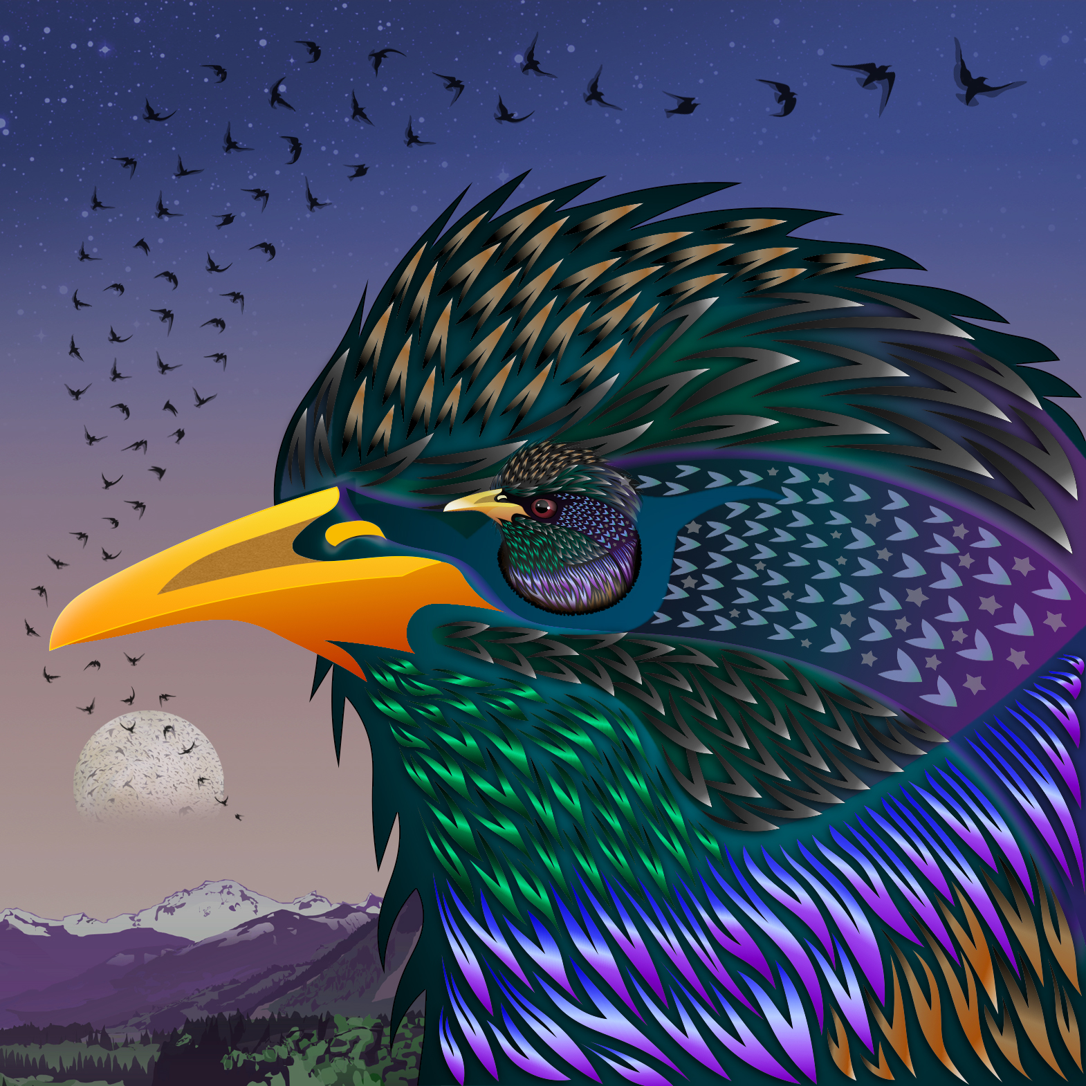 A hybridized viersion of a starling in complied from random parts of other starlings.