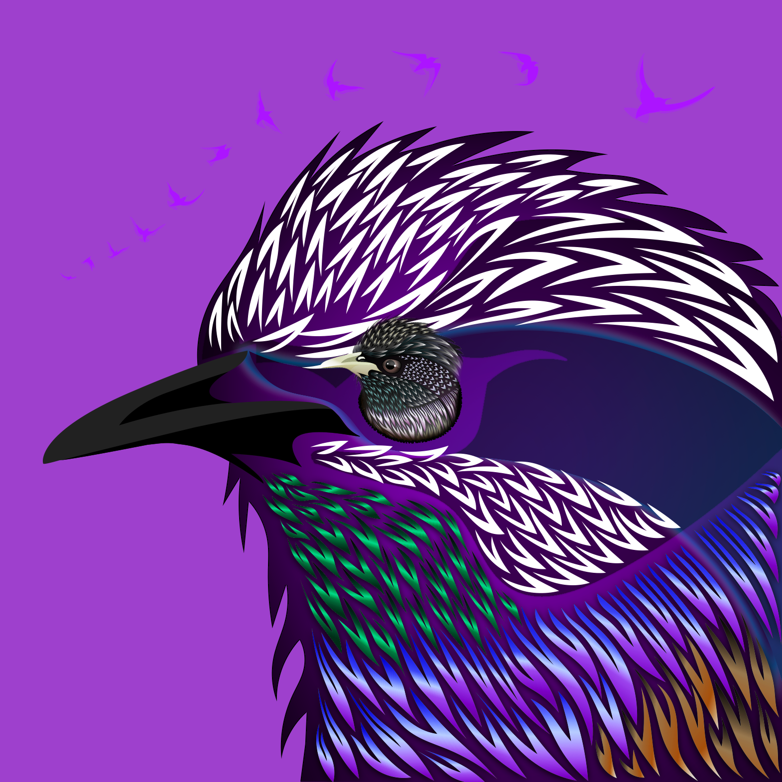 A hybridized viersion of a starling in complied from random parts of other starlings.