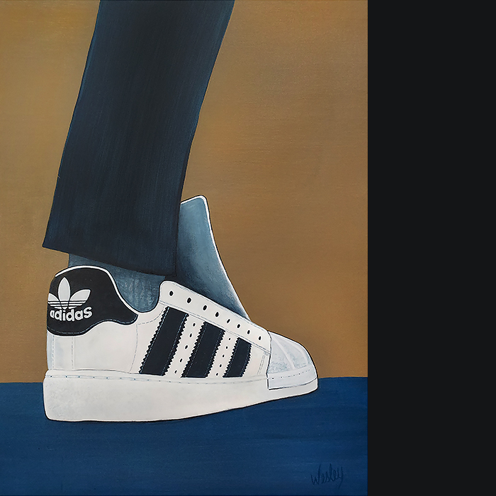 A zoomed in painting of the back heel perspective of one of Run DMC as they perform on stage.