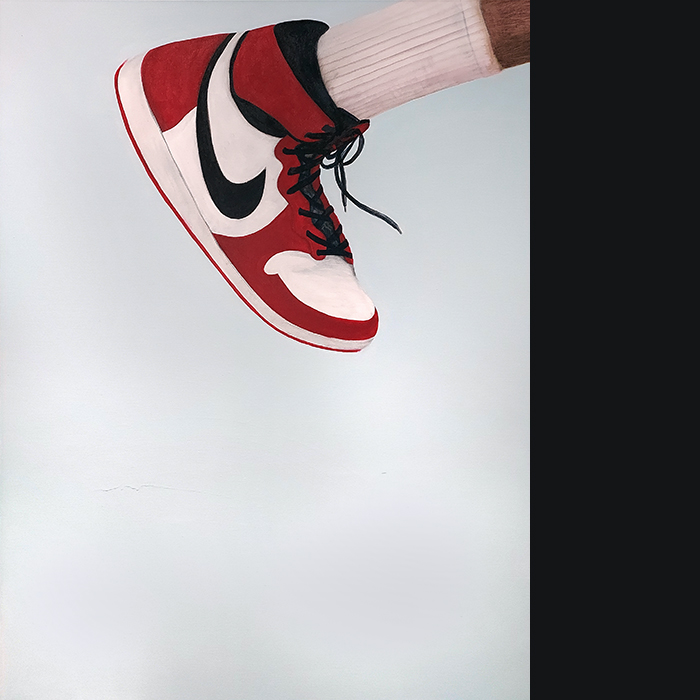 A zoomed in painting of Michael Jordan's iconic shoe as he flies over us.