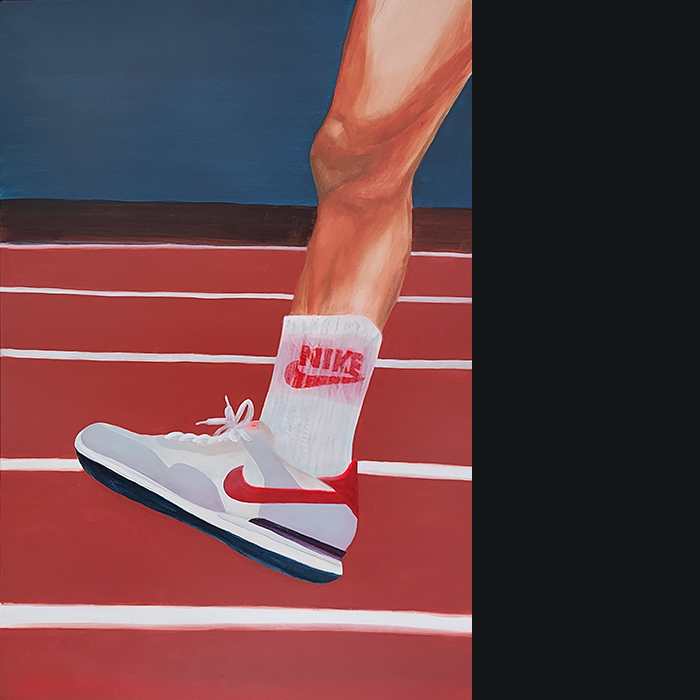 A cropped painting of Joan Benoit Samuelson winning the inaugural Olympic Women's Marathon in 1984 in Los Angeles. The view shows a single out-flexed leg and shoe.