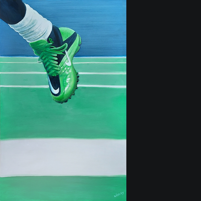 A zoomed in painting of Marshawn Lynch's shoe as he runs the famous Beast Quake against the New Orleans Saints.