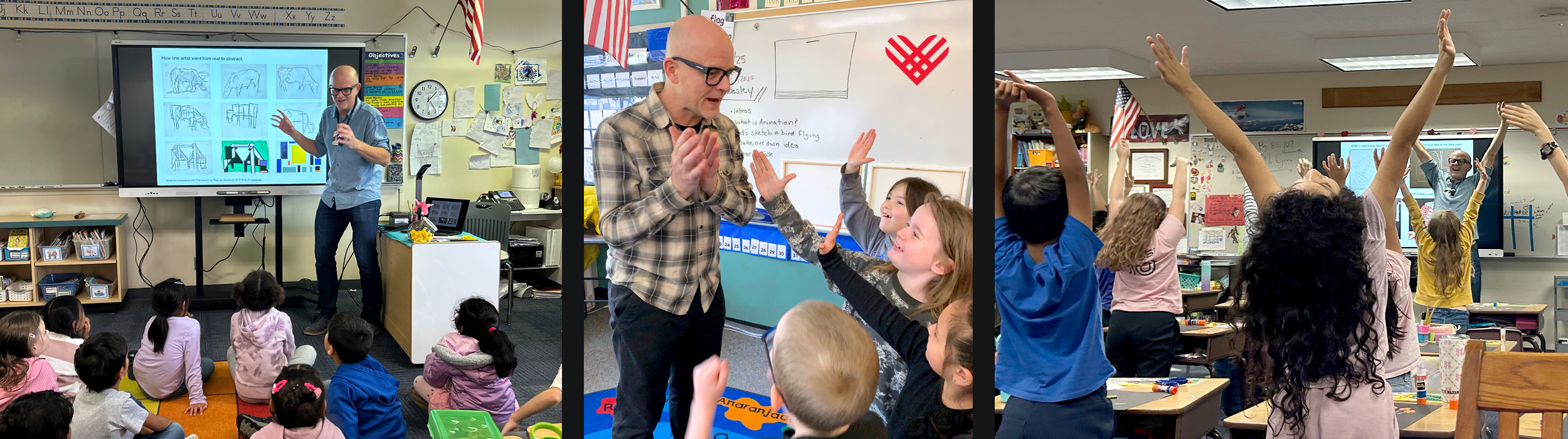 Photos of Don Wesley teaching art to elemantary school students